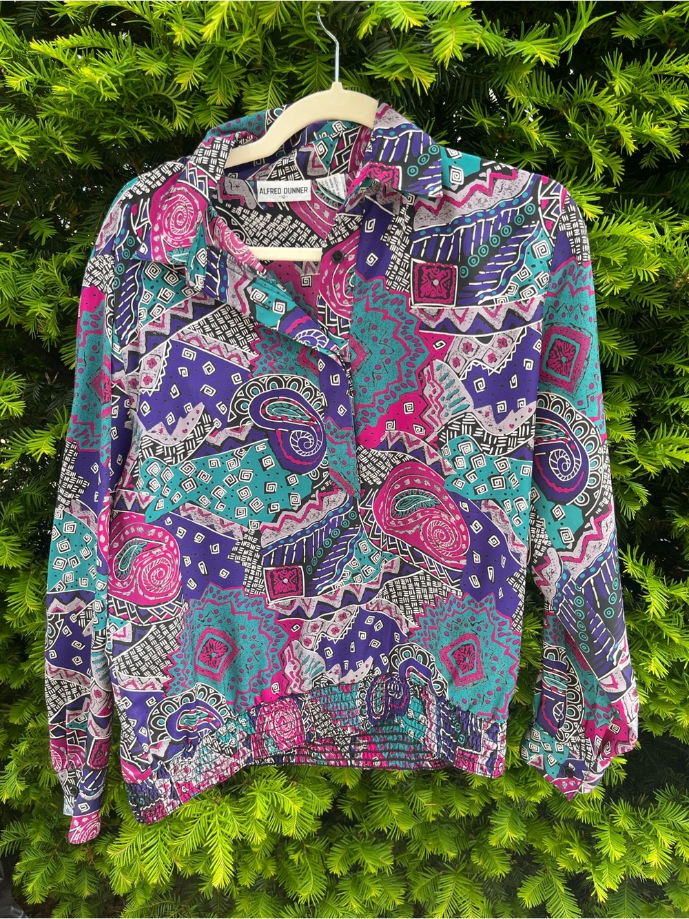 Alfred Dunner Purple Teal Pink Geometric Paisley Button-Up